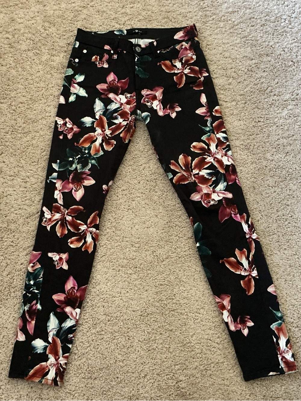 7 For All Mankind Black Floral Skinny Pants with Pink & Green Blooms